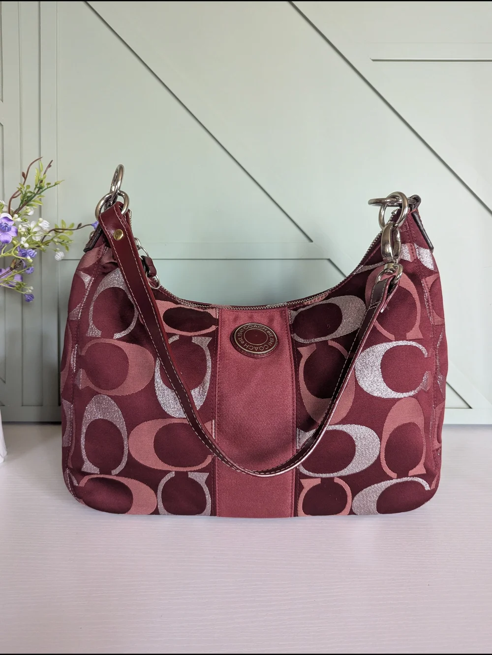 Coach Women's Maroon Signature Hobo Shoulder Bag